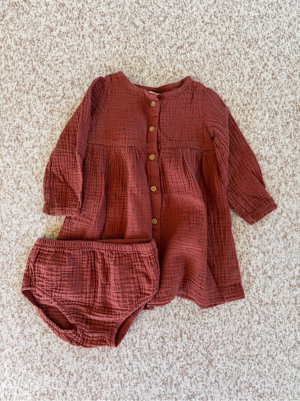 5/$25 Little Planet Baby Girl Rust Polka Dot Muslin Dress with Bloomers